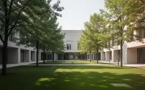 Ein minimalistischer Innenhof auf einem modernen Hochschulcampus mit Grünflächen und Architektur bei Tageslicht. - Foto: über boerse-global.de