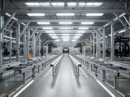 Eine moderne, weitläufige Automobil-Fertigungshalle mit leeren Montagelinien und industrieller Infrastruktur. - Foto: über boerse-global.de