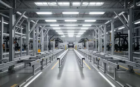Eine moderne, weitläufige Automobil-Fertigungshalle mit leeren Montagelinien und industrieller Infrastruktur. - Foto: über boerse-global.de