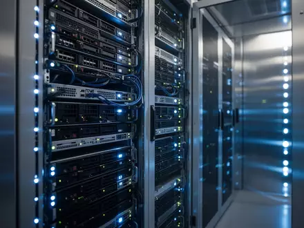 Hochmoderne Serverräume mit leuchtenden blauen LEDs in einer professionellen Rechenzentrumsumgebung. - Foto: über boerse-global.de