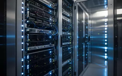 Hochmoderne Serverräume mit leuchtenden blauen LEDs in einer professionellen Rechenzentrumsumgebung. - Foto: über boerse-global.de