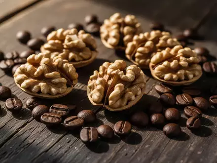 Nahaufnahme von Walnüssen und Kaffeebohnen auf einem dunklen Holztisch bei natürlichem Licht. - Foto: über boerse-global.de