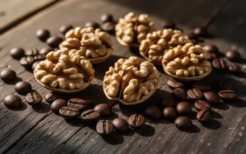 Nahaufnahme von Walnüssen und Kaffeebohnen auf einem dunklen Holztisch bei natürlichem Licht. - Foto: über boerse-global.de