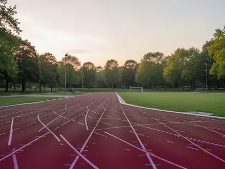 Eine leere Laufbahn im Freien bei Sonnenaufgang, umgeben von Bäumen und einer Parklandschaft. - Foto: über boerse-global.de