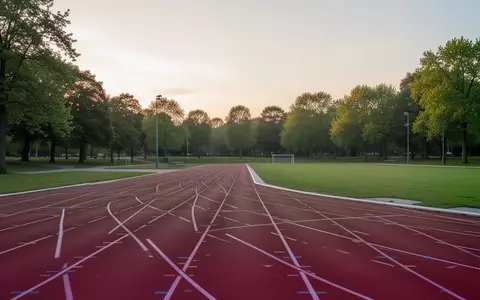 Eine leere Laufbahn im Freien bei Sonnenaufgang, umgeben von Bäumen und einer Parklandschaft. - Foto: über boerse-global.de