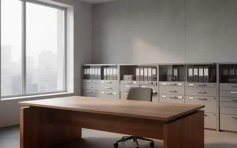 Ein minimalistischer, leerer Schreibtisch in einem hellen, ruhigen Büro mit neutralen Wänden und Aktenschränken im Hintergrund. - Foto: über boerse-global.de