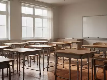 Ein leerer, sonnendurchfluteter Klassenraum mit leeren Holztischen und Stühlen in einer ruhigen, minimalistischen Umgebung. - Foto: über boerse-global.de