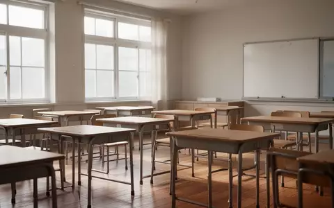 Ein leerer, sonnendurchfluteter Klassenraum mit leeren Holztischen und Stühlen in einer ruhigen, minimalistischen Umgebung. - Foto: über boerse-global.de