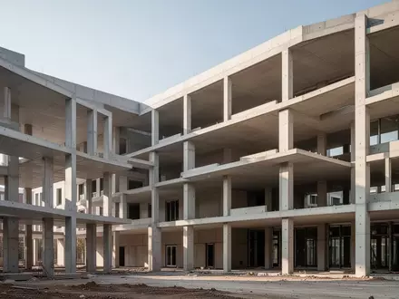 Betonrohbau eines modernen Universitätsgebäudes auf einem Campusgelände bei Tageslicht - Foto: über boerse-global.de
