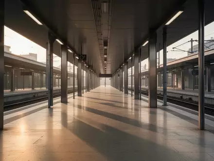 Ein verlassener, moderner Bahnsteig in den frühen Morgenstunden mit architektonischen Betonstrukturen und Stahlsäulen. - Foto: über boerse-global.de