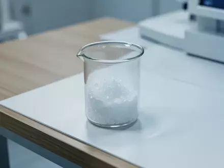 Ein klares Glasbecherglas mit kristallinem Pulver steht auf einem weißen Labortisch in einer sterilen Umgebung. - Foto: über boerse-global.de