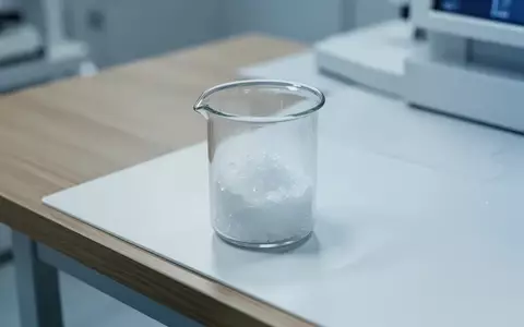 Ein klares Glasbecherglas mit kristallinem Pulver steht auf einem weißen Labortisch in einer sterilen Umgebung. - Foto: über boerse-global.de