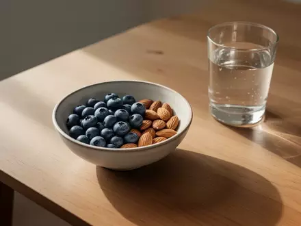 Eine minimalistische Holzoberfläche mit einer Schale voll Blaubeeren, Mandeln und einem Glas Wasser bei natürlichem Licht. - Foto: über boerse-global.de
