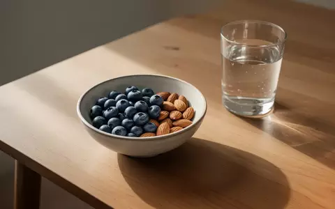 Eine minimalistische Holzoberfläche mit einer Schale voll Blaubeeren, Mandeln und einem Glas Wasser bei natürlichem Licht. - Foto: über boerse-global.de
