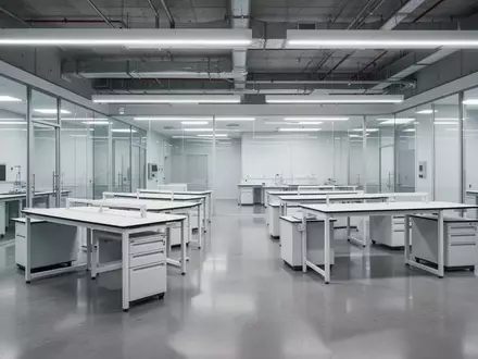 Ein minimalistisch gestaltetes, modernes Industrielabor mit leeren Arbeitstischen und polierten Betonböden. - Foto: über boerse-global.de