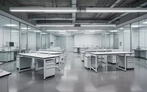 Ein minimalistisch gestaltetes, modernes Industrielabor mit leeren Arbeitstischen und polierten Betonböden. - Foto: über boerse-global.de