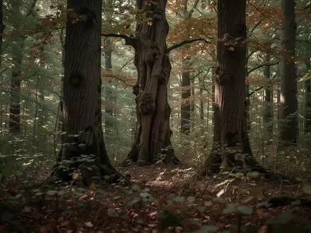 Dicht bewaldetes Gebiet im Hesse-Wäldchen mit alten Bäumen und natürlichem Unterholz bei herbstlichem Licht. - Foto: über boerse-global.de