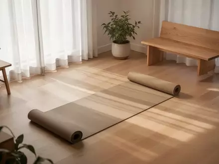 Ein minimalistisch eingerichteter, sonnendurchfluteter Raum mit einer ausgerollten Yogamatte und Zimmerpflanzen. - Foto: über boerse-global.de
