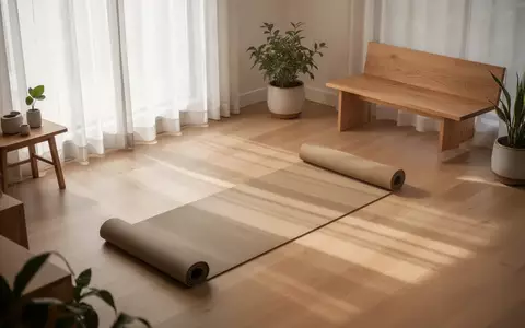 Ein minimalistisch eingerichteter, sonnendurchfluteter Raum mit einer ausgerollten Yogamatte und Zimmerpflanzen. - Foto: über boerse-global.de
