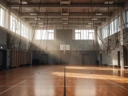Leere Sporthalle mit poliertem Holzboden und herabhängenden Kletterseilen in hellem Tageslicht. - Foto: über boerse-global.de