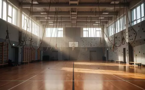 Leere Sporthalle mit poliertem Holzboden und herabhängenden Kletterseilen in hellem Tageslicht. - Foto: über boerse-global.de