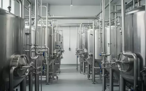 Edelstahltanks und industrielle Rohrleitungen in einer Produktionsanlage fĂŒr GetrĂ€nke. - Foto: ĂŒber boerse-global.de