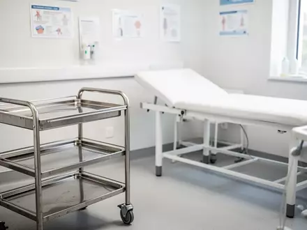Ein heller, leerer Behandlungsraum in einer Kinderarztpraxis mit Untersuchungsliege und medizinischem Rollwagen. - Foto: über boerse-global.de
