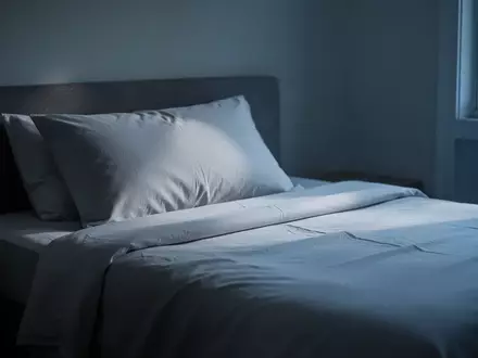 Ein minimalistisch eingerichtetes, ruhig wirkendes Schlafzimmer in den sanften Blautönen des frühen Morgens. - Foto: über boerse-global.de