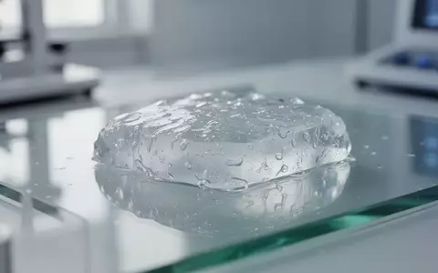 Ein Nahaufnahme-Foto eines halbdurchsichtigen Hydrogels auf einem Labortisch, das die Materialforschung für Biosensoren darstellt. - Foto: über boerse-global.de