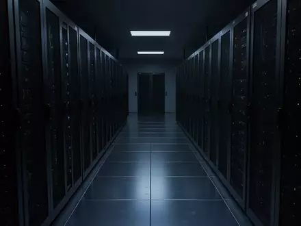 Ein dunkler, moderner Serverraum mit metallischen Bodenplatten und leeren Serverschränken in kühlem blauen Licht. - Foto: über boerse-global.de