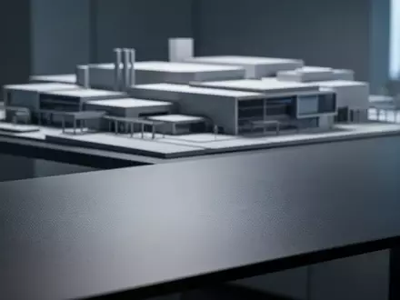 Ein minimalistischer, moderner Arbeitsbereich mit einer matten, grauen Oberfläche und einem unscharfen Architekturmodell im Hintergrund. - Foto: über boerse-global.de