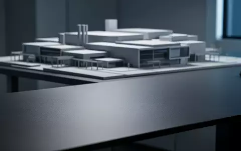 Ein minimalistischer, moderner Arbeitsbereich mit einer matten, grauen Oberfläche und einem unscharfen Architekturmodell im Hintergrund. - Foto: über boerse-global.de