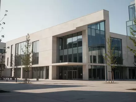 Modernes Verwaltungsgebäude mit heller Steinfassade und Glasfront an einem sonnigen Tag. - Foto: über boerse-global.de