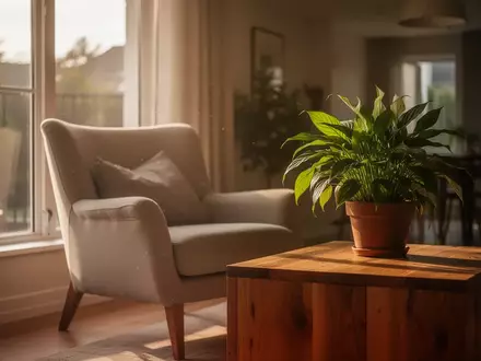 Ein heller, gemütlicher Wohnraum mit einem Sessel und einer Pflanze, der eine Atmosphäre von Wohlbefinden und Ruhe ausstrahlt. - Foto: über boerse-global.de