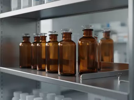 Leere Braunglasflaschen in einem ordentlichen, sterilen Pharmazielager bei natürlichem Lichteinfall. - Foto: über boerse-global.de