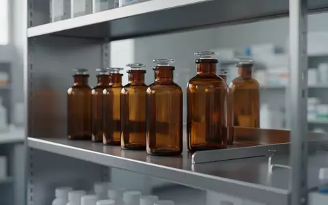 Leere Braunglasflaschen in einem ordentlichen, sterilen Pharmazielager bei natürlichem Lichteinfall. - Foto: über boerse-global.de