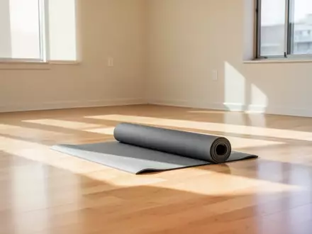 Ein heller, minimalistischer Trainingsraum mit einem zusammengerollten Yogamatte auf einem Holzboden und natürlichem Licht. - Foto: über boerse-global.de