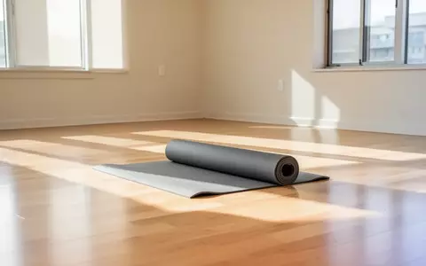 Ein heller, minimalistischer Trainingsraum mit einem zusammengerollten Yogamatte auf einem Holzboden und natürlichem Licht. - Foto: über boerse-global.de