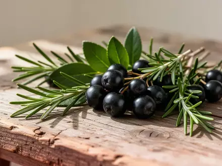 Frische Aroniabeeren und Rosmarinzweige auf einem rustikalen Holztisch bei natürlichem Licht. - Foto: über boerse-global.de