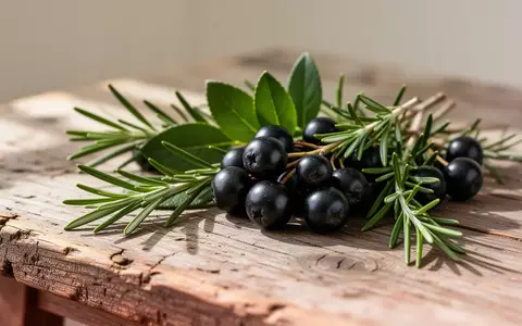 Frische Aroniabeeren und Rosmarinzweige auf einem rustikalen Holztisch bei natürlichem Licht. - Foto: über boerse-global.de
