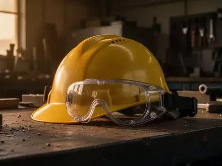 Symbolbild: Schutzhelm und Schutzbrille auf einer Werkbank - Foto: über boerse-global.de
