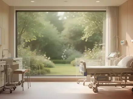 Ein ruhiges, lichtdurchflutetes Patientenzimmer mit Blick in einen grünen Garten, das eine friedliche Atmosphäre ausstrahlt. - Foto: über boerse-global.de