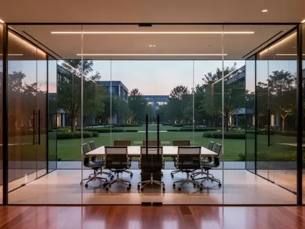 Ein minimalistisches, leeres Büro mit Glaswänden und Blick auf einen begrünten Firmencampus in der Abenddämmerung. - Foto: über boerse-global.de