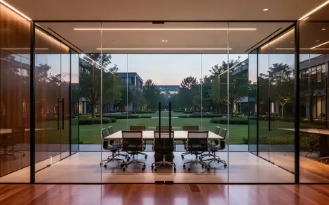 Ein minimalistisches, leeres Büro mit Glaswänden und Blick auf einen begrünten Firmencampus in der Abenddämmerung. - Foto: über boerse-global.de