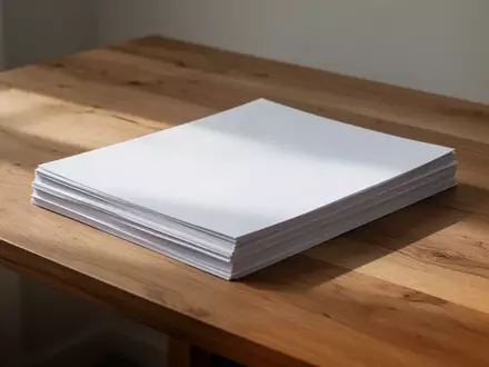 Ein ordentlicher, minimalistischer Arbeitsplatz mit einem Stapel weißer Papiere auf einem Eichentisch bei natürlichem Licht. - Foto: über boerse-global.de
