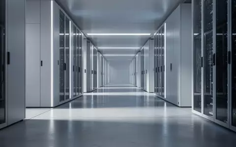 Ein minimalistisch gestalteter Flur in einem modernen Rechenzentrum mit poliertem Betonboden und kühler Beleuchtung. - Foto: über boerse-global.de