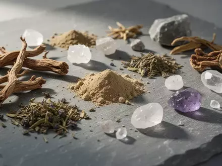 Nahaufnahme von verschiedenen pflanzlichen Rohstoffen und Mineralien auf einer steinernen Oberfläche als Symbol für Nahrungsergänzungsmittel. - Foto: über boerse-global.de