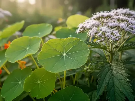 Nahaufnahme von grünen Kapuzinerkresseblättern und Wasserdostblüten im Gartenlicht - Foto: über boerse-global.de