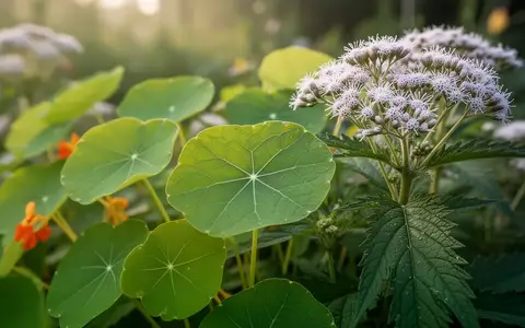 Nahaufnahme von grĂŒnen KapuzinerkresseblĂ€ttern und WasserdostblĂŒten im Gartenlicht - Foto: ĂŒber boerse-global.de