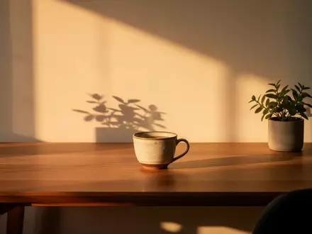 Ein ruhiger Schreibtisch bei Sonnenuntergang mit einer Teetasse und einer Pflanze, ohne elektronische Geräte. - Foto: über boerse-global.de
